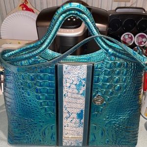 Lightly used Brahmin Peacock Shimmer Elaine Colorblock Leather Satchel bag purse